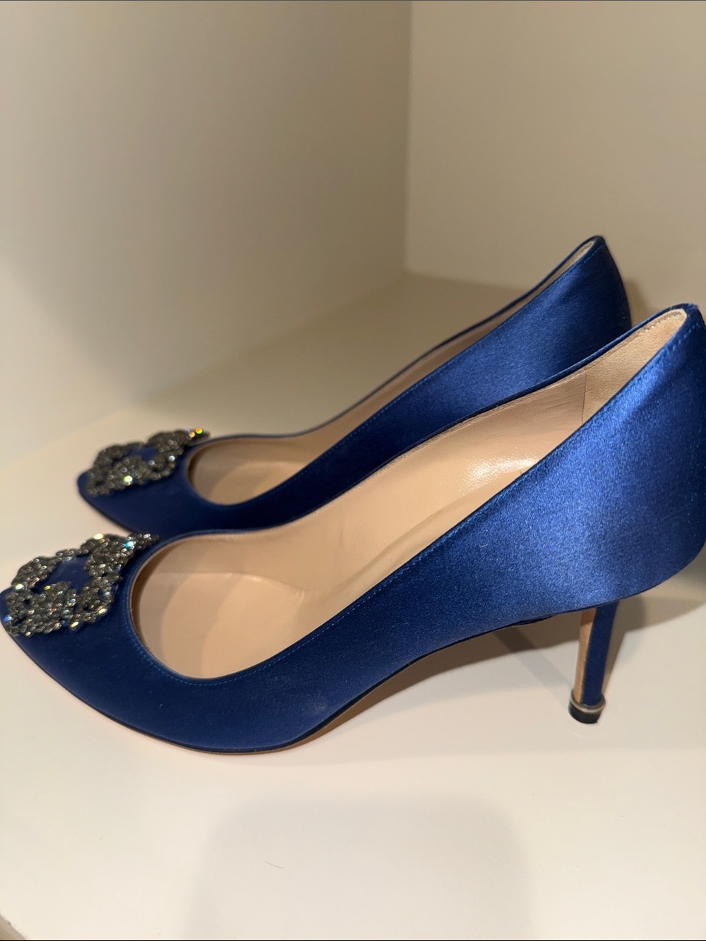 Manolo Blahnik Royal Blue Satin Crystal-Embellished Pointed-Toe Pumps - Picture 11 of 11